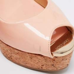 Pre Owned Jimmy Choo Light Pink Patent Leather Peep-Toe Prova Cork Wedge Slingback Sandals Size 38.5