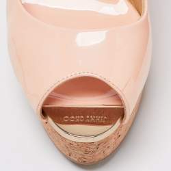 Pre Owned Jimmy Choo Light Pink Patent Leather Peep-Toe Prova Cork Wedge Slingback Sandals Size 38.5