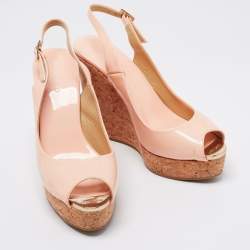 Pre Owned Jimmy Choo Light Pink Patent Leather Peep-Toe Prova Cork Wedge Slingback Sandals Size 38.5