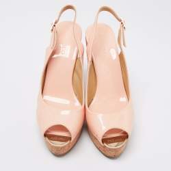 Pre Owned Jimmy Choo Light Pink Patent Leather Peep-Toe Prova Cork Wedge Slingback Sandals Size 38.5
