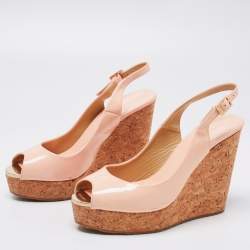 Pre Owned Jimmy Choo Light Pink Patent Leather Peep-Toe Prova Cork Wedge Slingback Sandals Size 38.5