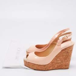 Pre Owned Jimmy Choo Light Pink Patent Leather Peep-Toe Prova Cork Wedge Slingback Sandals Size 38.5