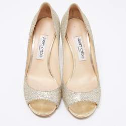 مملوكة مسبقًا حذاء كعب عالي جيمي تشو ايزابيل غليتر ذهبي/فضي مقدمة مفتوحة مقاس 39