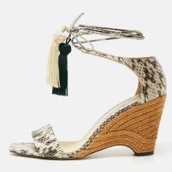 Pre Owned Jimmy Choo Brown/Cream Python Embossed Leather  Tassel Embellished Wedge  Sandals Size 39