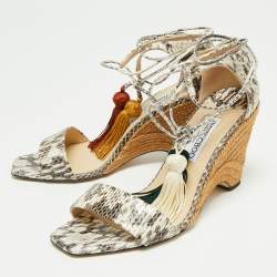 Pre Owned Jimmy Choo Brown/Cream Python Embossed Leather  Tassel Embellished Wedge  Sandals Size 39