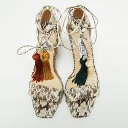 Pre Owned Jimmy Choo Brown/Cream Python Embossed Leather  Tassel Embellished Wedge  Sandals Size 39