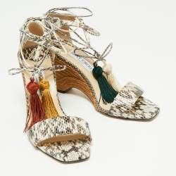 Pre Owned Jimmy Choo Brown/Cream Python Embossed Leather  Tassel Embellished Wedge  Sandals Size 39