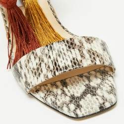 Pre Owned Jimmy Choo Brown/Cream Python Embossed Leather  Tassel Embellished Wedge  Sandals Size 39