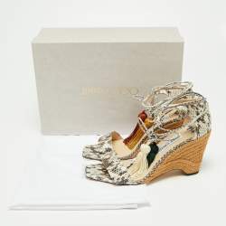 Pre Owned Jimmy Choo Brown/Cream Python Embossed Leather  Tassel Embellished Wedge  Sandals Size 39