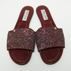 Pre Owned Jimmy Choo Plum Coarse Glitter Nanda Flat Slides Size 40