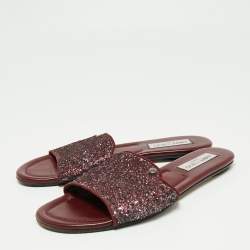 Pre Owned Jimmy Choo Plum Coarse Glitter Nanda Flat Slides Size 40