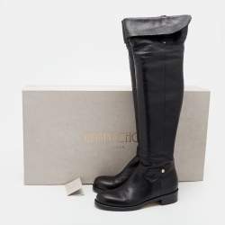 Pre Owned بوت جيمي تشو ديرون جلد أسود فوق الركبة مقاس 38.5