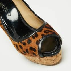 Pre Owned حذاء كعب عالي جيمي تشو بابينا شعر حصان مطبوع نقشة الفهد وحافة جلد لامع كعب روكي فليني مقاس 35