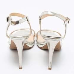 Pre Owned Jimmy Choo Metallic Silver Leather Minny Ankle Strap Sandals Size 37