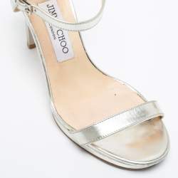 Pre Owned Jimmy Choo Metallic Silver Leather Minny Ankle Strap Sandals Size 37