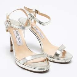 Pre Owned Jimmy Choo Metallic Silver Leather Minny Ankle Strap Sandals Size 37