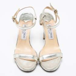 Pre Owned Jimmy Choo Metallic Silver Leather Minny Ankle Strap Sandals Size 37