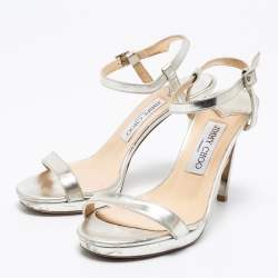 Pre Owned Jimmy Choo Metallic Silver Leather Minny Ankle Strap Sandals Size 37