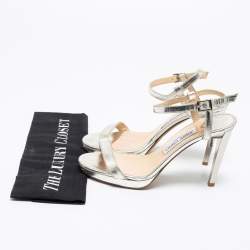 Pre Owned Jimmy Choo Metallic Silver Leather Minny Ankle Strap Sandals Size 37