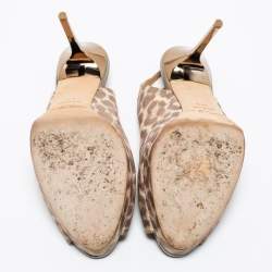Jimmy Choo Beige/Brown Leopard Print Leather Platform Peep Toe Slingback Sandals Size 39.5