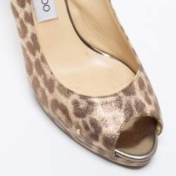 Jimmy Choo Beige/Brown Leopard Print Leather Platform Peep Toe Slingback Sandals Size 39.5
