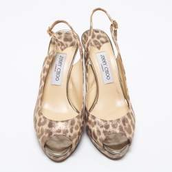 Jimmy Choo Beige/Brown Leopard Print Leather Platform Peep Toe Slingback Sandals Size 39.5
