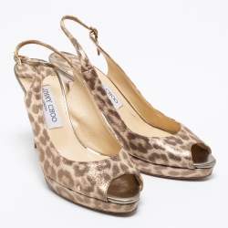 Jimmy Choo Beige/Brown Leopard Print Leather Platform Peep Toe Slingback Sandals Size 39.5