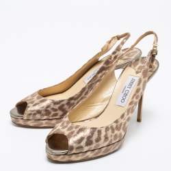 Jimmy Choo Beige/Brown Leopard Print Leather Platform Peep Toe Slingback Sandals Size 39.5