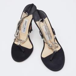 Pre Owned Jimmy Choo Silver/Black Crystals And Satin Strappy Sandals Size 38