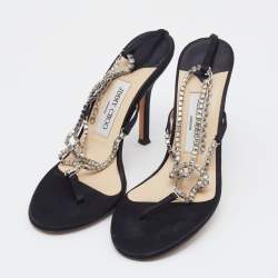 Pre Owned Jimmy Choo Silver/Black Crystals And Satin Strappy Sandals Size 38
