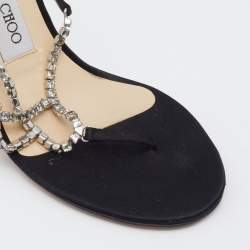 Pre Owned Jimmy Choo Silver/Black Crystals And Satin Strappy Sandals Size 38