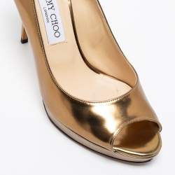 Pre Owned Jimmy Choo Gold Leather Luna Peep Toe Pumps Size 39 