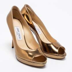 Pre Owned Jimmy Choo Gold Leather Luna Peep Toe Pumps Size 39 