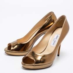 Pre Owned Jimmy Choo Gold Leather Luna Peep Toe Pumps Size 39 