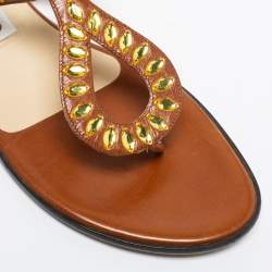 Pre Owned Jimmy Choo Brown Leather Crystal Embellished Thong Flats Size 39