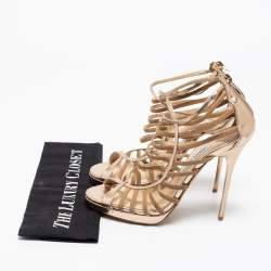 Pre Owned Jimmy Choo Gold Leather and Suede Strappy Sandals Size 38.5
