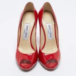 Pre Owned Jimmy Choo Red Patent Leather Luna Peep Toe Pumps Size 36