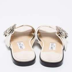 Pre Owned Jimmy Choo White Leather Marle Crystal Buckle Flat Slide Sandals Size 39