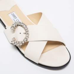 Pre Owned Jimmy Choo White Leather Marle Crystal Buckle Flat Slide Sandals Size 39