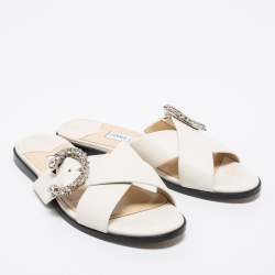 Pre Owned Jimmy Choo White Leather Marle Crystal Buckle Flat Slide Sandals Size 39