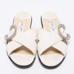 Pre Owned Jimmy Choo White Leather Marle Crystal Buckle Flat Slide Sandals Size 39