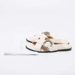 Pre Owned Jimmy Choo White Leather Marle Crystal Buckle Flat Slide Sandals Size 39