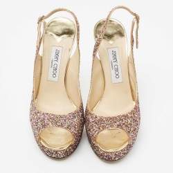 مملوكة مسبقًا Jimmy Choo Multicolor Coarse Glitter Verity Peep-Toe Platform Slingback Sandals Size 39