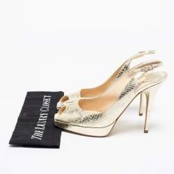 مملوكة مسبقًا صندل جيمي تشو جلد نقش ثعبان ذهبي فتحة كعب مقاس 40.5