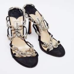 Pre Owned Jimmy Choo Black Satin Crystal Embellished Sandals Size 37