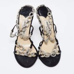 Pre Owned Jimmy Choo Black Satin Crystal Embellished Sandals Size 37