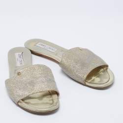 Pre Owned Jimmy Choo Metallic Gold Lurex Fabric Nanda Flat Slide Sandals Size 39.5
