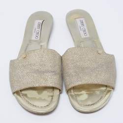 Pre Owned Jimmy Choo Metallic Gold Lurex Fabric Nanda Flat Slide Sandals Size 39.5