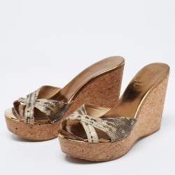 مملوكة مسبقًا Jimmy Choo Metallic Lizard Embossed Leather Pandora Cork Wedges Size 39