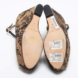 Pre Owned Jimmy Choo Beige Cork and Lace Pacific Peep Toe Ankle Strap Wedge Pumps Size 39